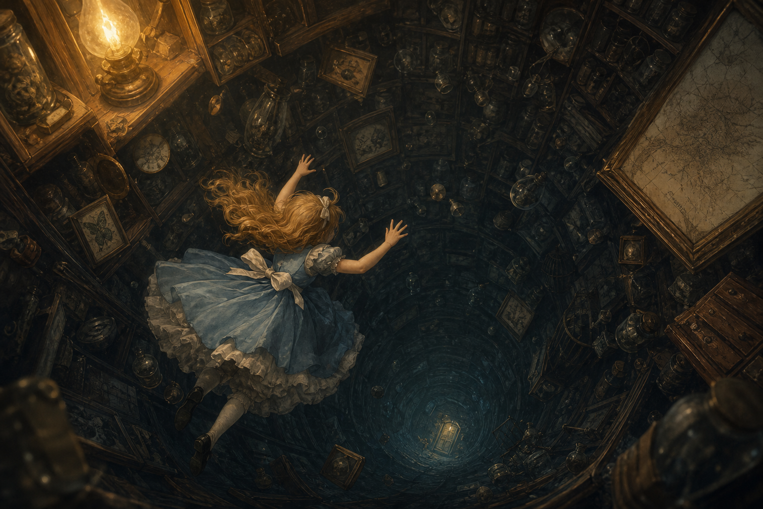 Alice falling through the rabbit hole past shelves, jars, maps, and a tiny door below