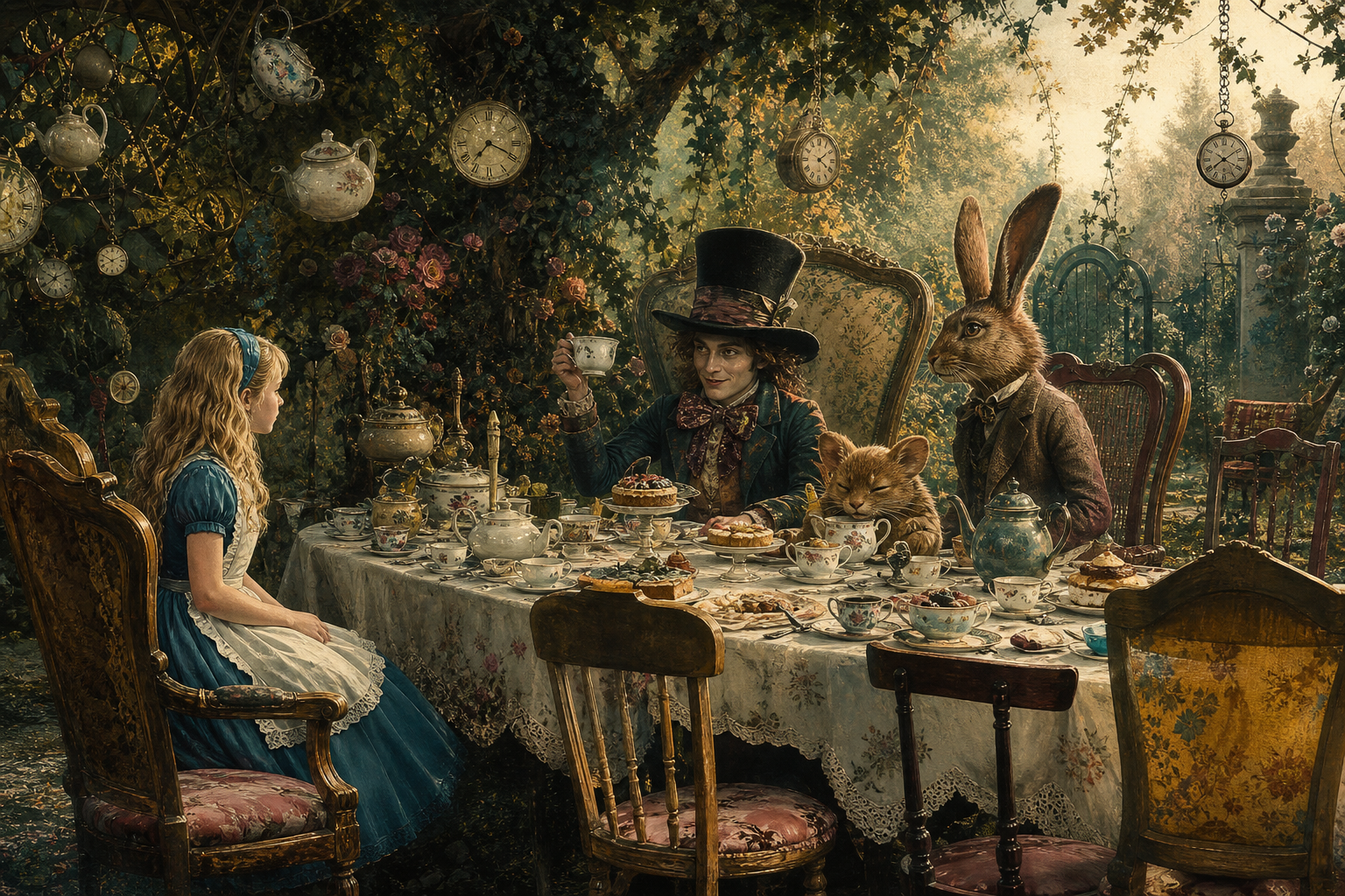 Alice sitting at a chaotic tea party with the Hatter, March Hare, Dormouse, teacups, clocks, and mismatched chairs