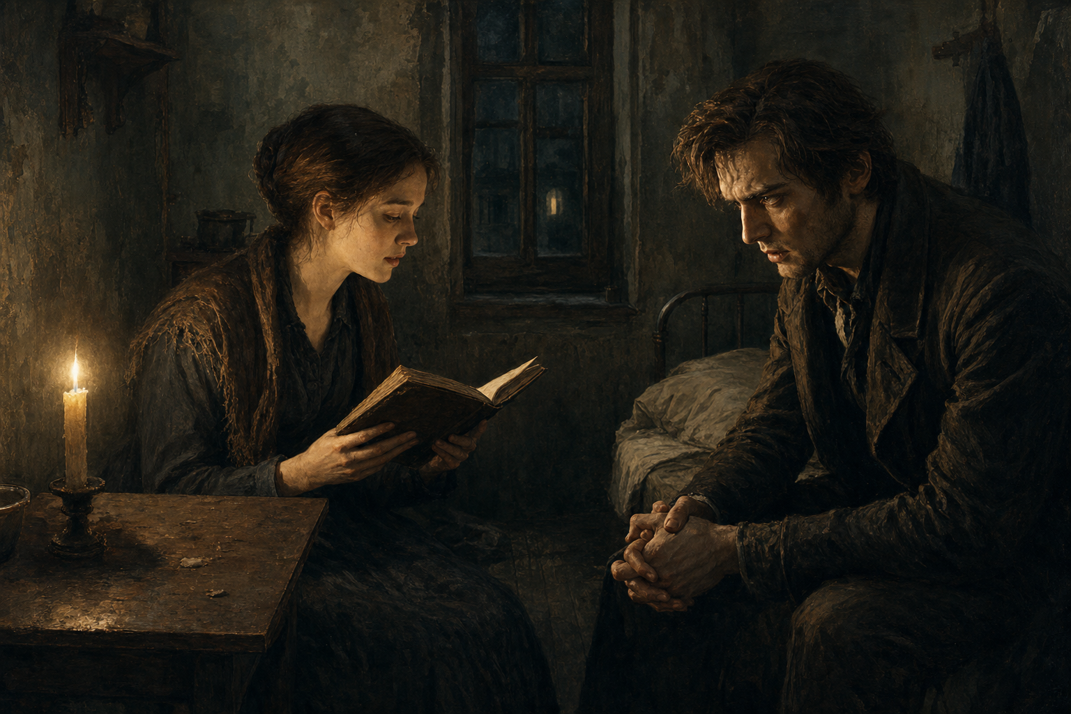 Sonya reading from a worn book to Raskolnikov in a poor cramped room by candlelight