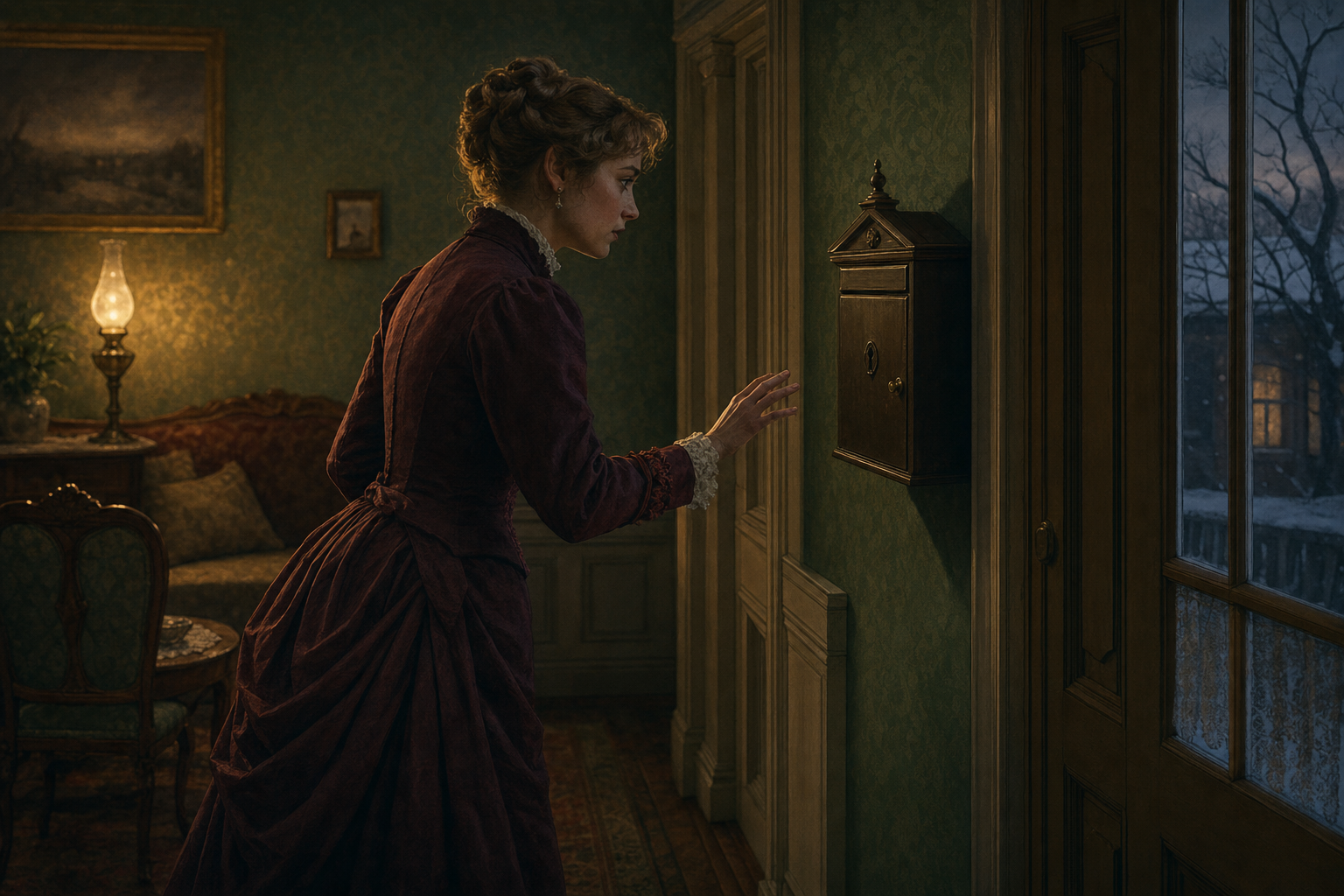 Nora Helmer hesitating near the locked letterbox after Krogstad sends his letter in A Doll's House