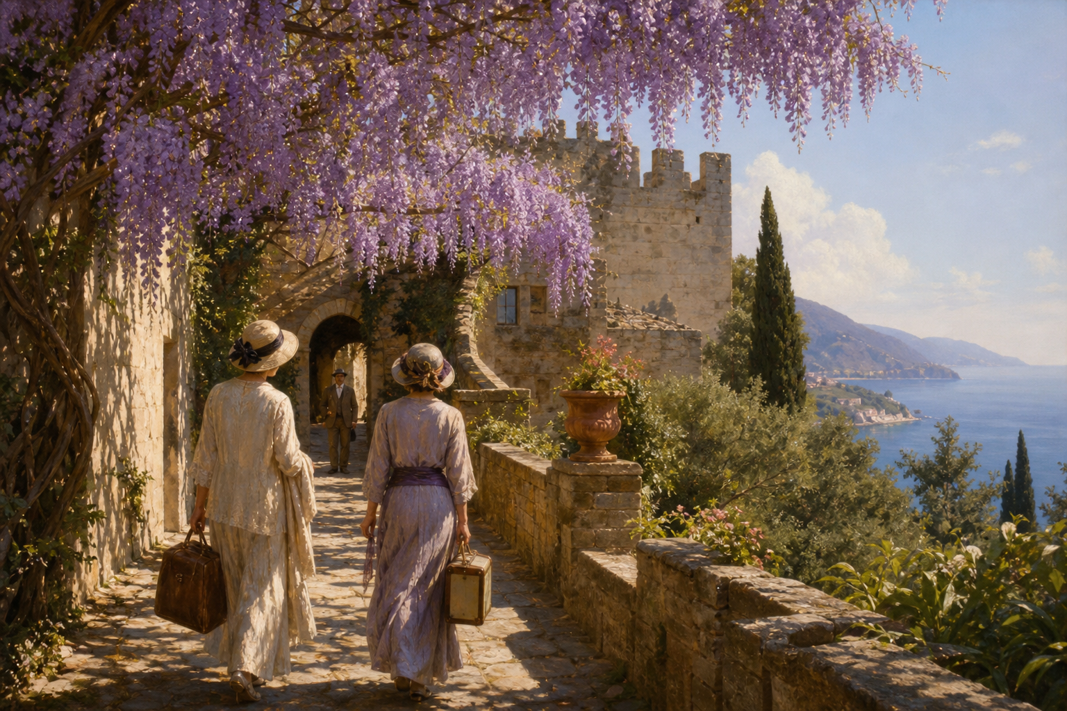 Lotty Wilkins and Rose Arbuthnot arriving at the wisteria-covered Italian castle of San Salvatore in The Enchanted April