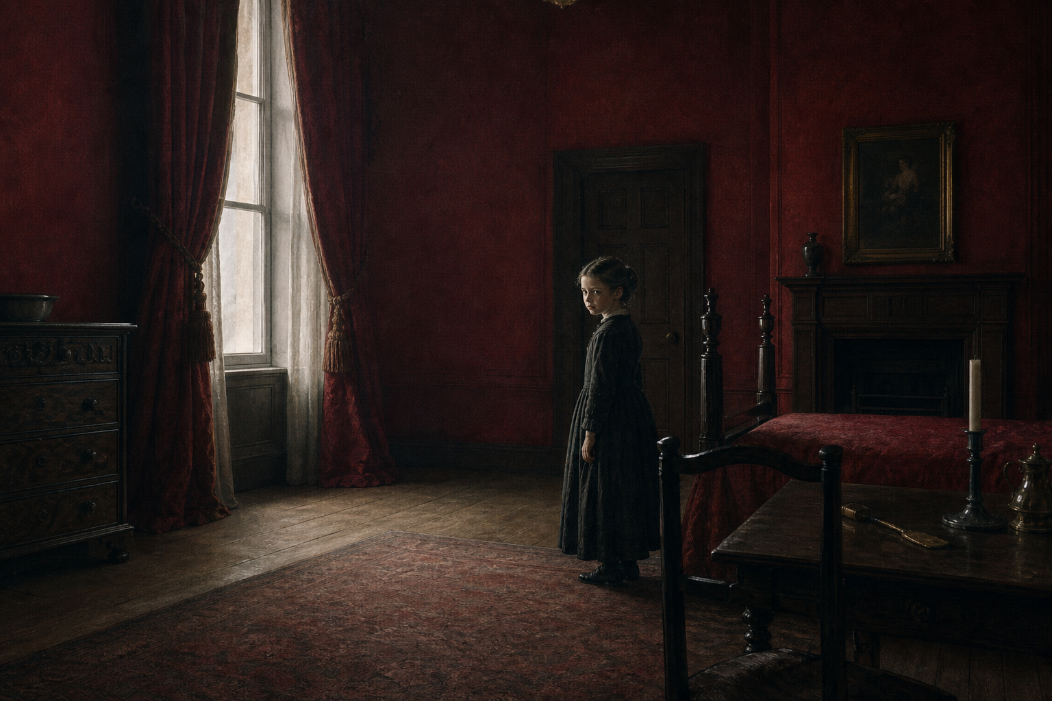 Young Jane Eyre standing alone in the red room at Gateshead, surrounded by dark red curtains and austere furniture