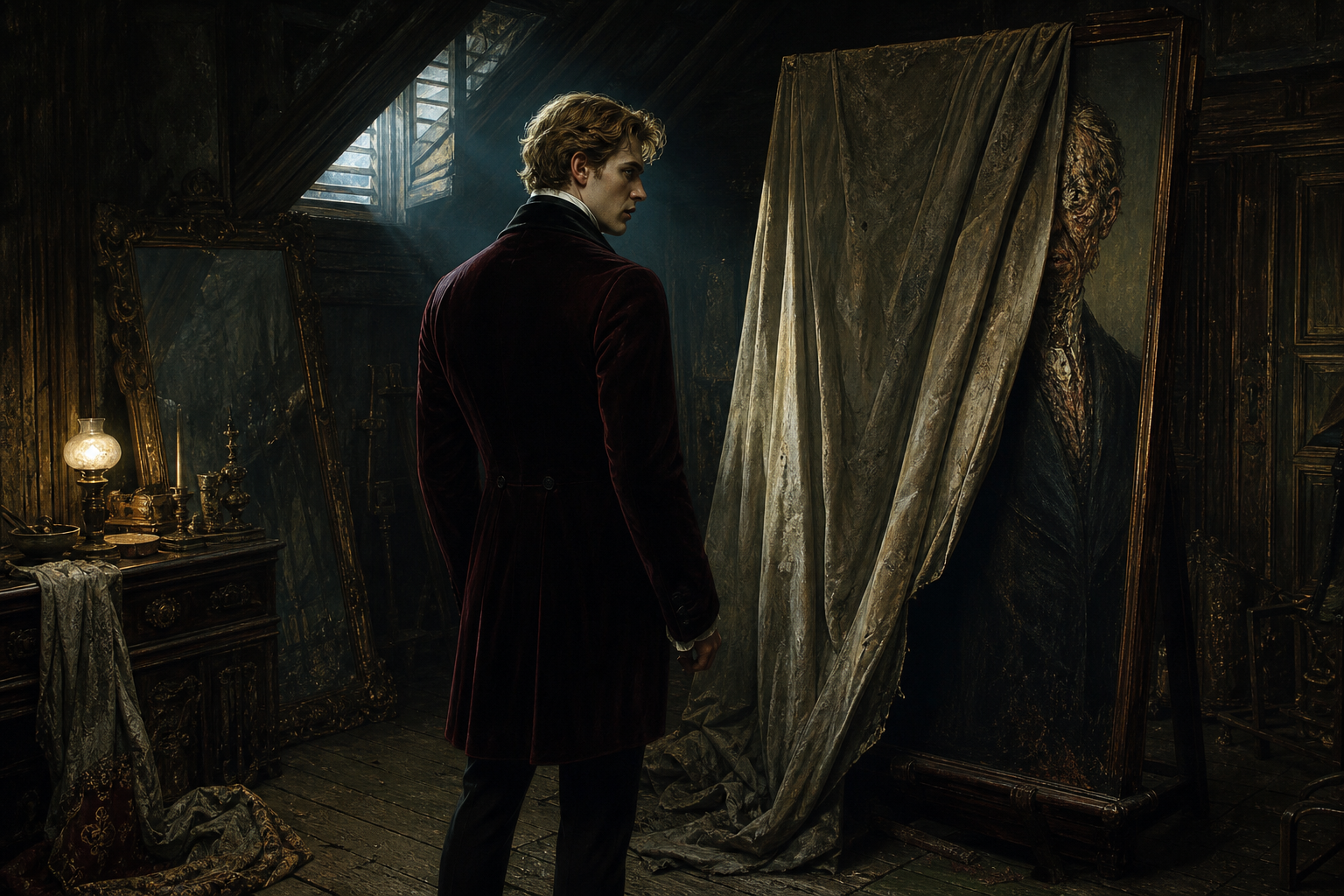Dorian Gray in a locked attic room facing the partly uncovered corrupted portrait that bears his hidden age and guilt