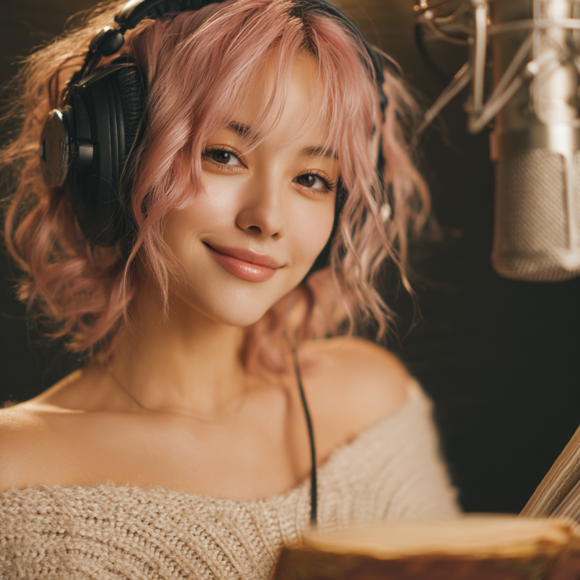 Sua wearing headphones and holding a book